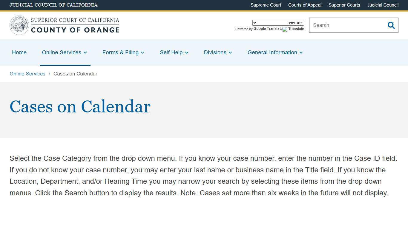 Cases on Calendar | Superior Court of California | County of Orange